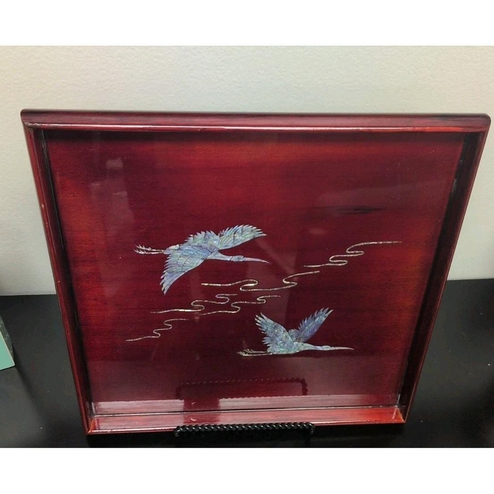 Vintage Japanese Red Lacquer Display Panel with Mother of Pearl Inlay Hand Made